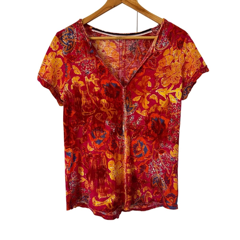 Anthropologie Pilcro Red Printed Short Sleeve Spliced-Neck Tee Cotton Modal Boho